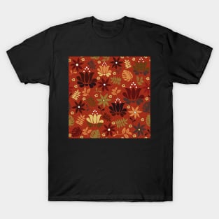 orange and yellow flowers on rust red T-Shirt